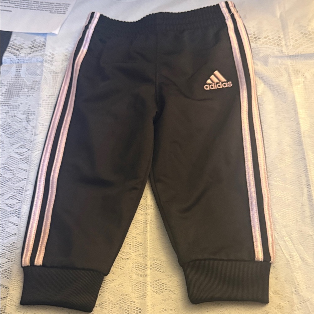 Adidas Kids Black Joggers with Pink Stripes